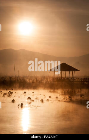 Sonnenaufgang mit Nebel über ein Dorf auf dem Inle-see in Myanmar (Birma) Stockfoto