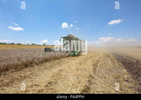 Mähdrescher arbeiten auf einem Weizenfeld Stockfoto