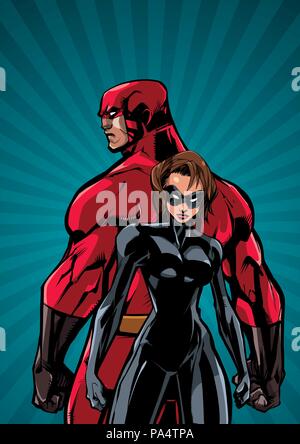 Superhelden Paar stehen Rücken an Rücken auf abstrakten Hintergrund. Stock Vektor