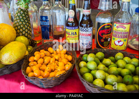 CAIRU, BRASILIEN - ca. Februar 2018: Rustikale brasilianische Beach Shack verkauft alkoholische Getränke mit tropischen Früchten. Stockfoto