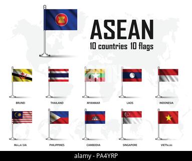 Flagge der ASEAN (Verband Südostasiatischer Nationen) und Mitgliedschaft mit Fahnenmast auf Weltkarte Hintergrund. Vektor. Stock Vektor