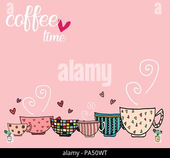 Doodle hand Zeichnung eingestellt von Kaffeetassen in verschiedenen Mustern auf rosa Hintergrund, kopieren Platz für Text Stock Vektor
