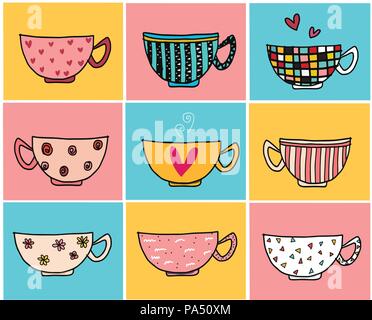 Doodle Handzeichnung Kaffeetassen in verschiedenen Designs auf Farbe vintage Hintergrund Muster Stock Vektor