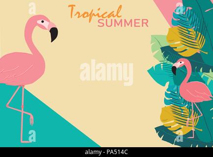 Sommer Rosa pastell Flamingos und topische Blätter am Baum pastellfarbenen Ton Hintergrund, tropischen Sommer Konzept mit Kopie Raum Stock Vektor