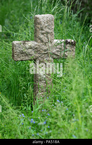 Kruzifix Grabstein in einem üppig bewachsenen Kirche Hof. Stockfoto