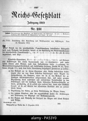 496 Deutsches Reichsgesetzblatt 1919 231 1927 Stockfoto