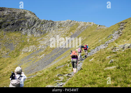 Wanderer Wandern auf einem Berg weg zu scharfen Kante auf Blencathra (Saddleback) in den Bergen des Lake District National Park. Keswick, Cumbria, England, Großbritannien Stockfoto