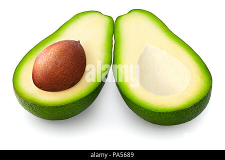 Avocado halbieren, Samen, Freisteller, auf weißem Hintergrund, volle Tiefenschärfe, hohe Qualität Stockfoto