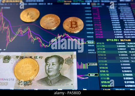 Eine Papier Rechnung Yuan CNY, verschwommenen Hintergrund. Die elektronische Zeitplan von Bitcoin auf dem Exchange, Volumen Trades, am monitor liegen Goldmünzen bitcoin. Stockfoto