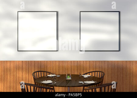 Modernes Restaurant mit Tischen serviert und zwei leere Quadrat poster Mock up. 3D-Darstellung Stockfoto