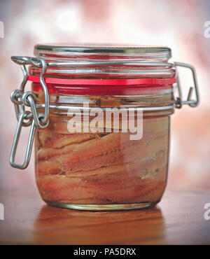 Sardellen Filets in Glas Glas Stockfoto