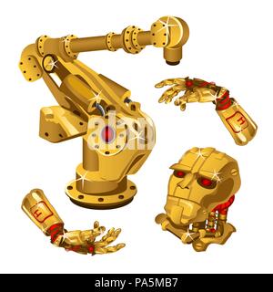 Der Satz von Komponenten der Roboter aus dem Edelmetall Gold. Hohe Technologie. Vector Illustration. Stock Vektor