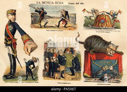 Ilustración publicada satírico Política en la Mosca Roja, noviembre de 1882. Antonio Cánovas del Castillo (1828-1897), Práxedes Mateo Sagasta (1825-1903), y Segismundo Moret Prendergast (1833-1913), políticos enfrentados defendiendo las constituciones de 1869 y 1876. Stockfoto