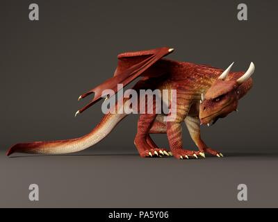 3D-Rendering des Roten Drachen auf schwarzem Hintergrund Stockfoto