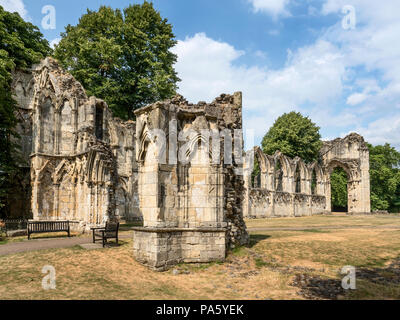 Ausgetrocknete Gras an der St.-Mary's-Abtei Ruinen im Museum Gardens während des heißen Sommers 2018 York Yorkshire England Stockfoto