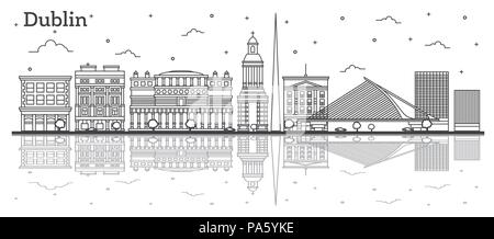 Überblick Dublin Irland Skyline der Stadt mit historischen Gebäuden und Reflexionen isoliert auf Weiss. Vector Illustration. Dublin Stadtbild mit Sehenswürdigkeiten. Stock Vektor