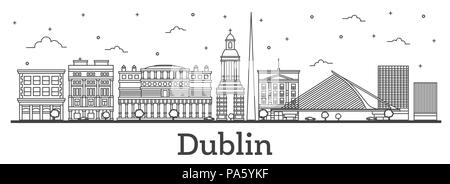 Überblick Dublin Irland Skyline der Stadt mit historischen Gebäuden isoliert auf Weiss. Vector Illustration. Dublin Stadtbild mit Sehenswürdigkeiten. Stock Vektor