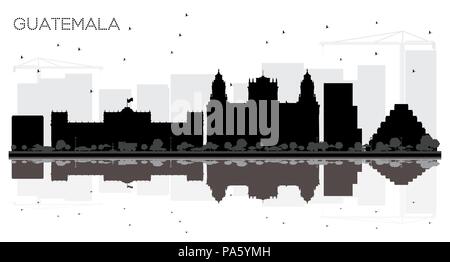 Guatemala City Skyline schwarze und weiße Silhouette mit Reflexionen. Vector Illustration. Einfache flache Konzept für Tourismus Präsentation, Banner, Plakat Stock Vektor