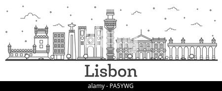 Übersicht Lissabon Portugal Skyline der Stadt mit historischen Gebäuden isoliert auf Weiss. Vector Illustration. Lissabon Stadtbild mit Sehenswürdigkeiten. Stock Vektor