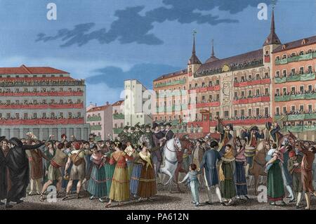 Spanien. Madrid. Ferdinand VII (1784-1833) wird zum König von Spanien in Abwesenheit am 24 August, 1808 auf dem Hauptplatz (Plaza Mayor). Gravur. Gefärbt. Stockfoto