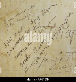 Nationalsozialismus Documentation Center. Memorial Museum der Gestapo Gefängnis im EL-DE-Haus. 1979 gegründet. Es war die Zentrale der Geheimpolizei (Gestapo) zwischen 1935 und 1945. Detail der Inschrift an der Wand einer Zelle durch einen Gefangenen gemacht: Dusya, Nyura war hier für 24 Tage in Haft, für dumme Sache, ich bin ein unglückliches Mädchen, ich bin nur 19 Jahre alt, aber ich leide unschuldig, Russisch/Ukrainisch. Köln. Deutschland. Stockfoto