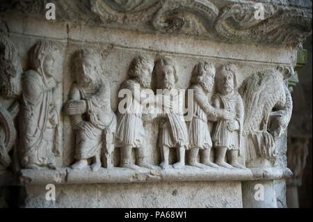 Plastische Fries von der Kreuzgang der Kathedrale von Girona, 12. Jahrhundert, Girona, Katalonien, Spanien. Stockfoto