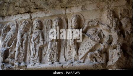 Plastische Fries von der Kreuzgang der Kathedrale von Girona, 12. Jahrhundert, Girona, Katalonien, Spanien. Stockfoto