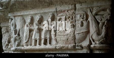 Plastische Fries von der Kreuzgang der Kathedrale von Girona, 12. Jahrhundert, Girona, Katalonien, Spanien. Stockfoto