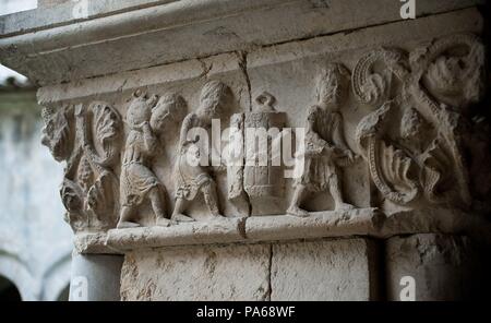 Plastische Fries von der Kreuzgang der Kathedrale von Girona, 12. Jahrhundert, Girona, Katalonien, Spanien. Stockfoto