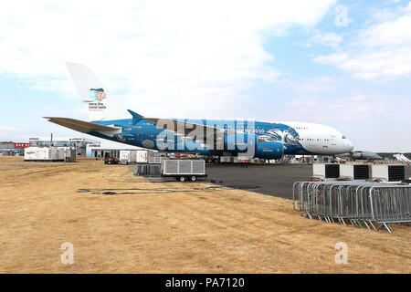 Flughafen Farnborough, Hampshire, UK. Juli 2018 20. Airbus A380, Farnborough International Airshow, Flughafen Farnborough, Hampshire, UK, 20. Juli 2018, Foto von Richard Goldschmidt Credit: Rich Gold/Alamy leben Nachrichten Stockfoto