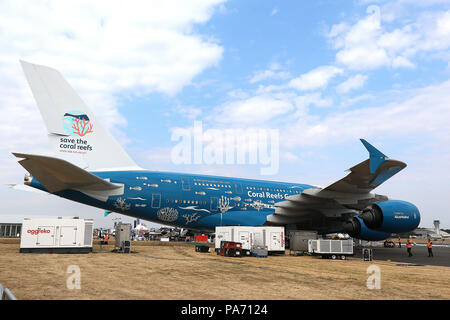 Flughafen Farnborough, Hampshire, UK. Juli 2018 20. Airbus A380, Farnborough International Airshow, Flughafen Farnborough, Hampshire, UK, 20. Juli 2018, Foto von Richard Goldschmidt Credit: Rich Gold/Alamy leben Nachrichten Stockfoto