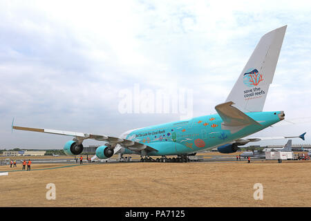 Flughafen Farnborough, Hampshire, UK. Juli 2018 20. Airbus A380, Farnborough International Airshow, Flughafen Farnborough, Hampshire, UK, 20. Juli 2018, Foto von Richard Goldschmidt Credit: Rich Gold/Alamy leben Nachrichten Stockfoto