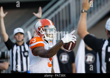 Ottawa, Kanada. 20. Juli 2018. BC Lions wide receiver Ricky Collins Jr. (3) feiert nach dem Scoring eine erste Hälfte Touchdown während der CFL Spiel zwischen dem BC Lions und Ottawa Redblacks bei TD Place Stadion in Ottawa, Kanada. Daniel Lea/CSM/Alamy leben Nachrichten Stockfoto