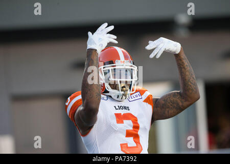 Ottawa, Kanada. 20. Juli 2018. BC Lions wide receiver Ricky Collins Jr. (3) feiert nach dem Scoring eine erste Hälfte Touchdown während der CFL Spiel zwischen dem BC Lions und Ottawa Redblacks bei TD Place Stadion in Ottawa, Kanada. Daniel Lea/CSM/Alamy leben Nachrichten Stockfoto