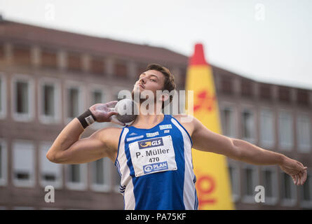 Nürnberg, Deutschland. 20. Juli 2018. Patrick Müller (MuÌller), SC Neubrandenburg, Platz 2, Action, Schuß auf dem Nürnberger Hauptmarkt im Berlin 2018 - Arena, 20.07.2018. Deutsche Leichtathletik Meisterschaften 2018, vom 20.07. - 22.07.2015 in Nürnberg/Deutschland. | Verwendung der weltweiten Kredit: dpa/Alamy leben Nachrichten Stockfoto