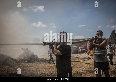 Nahal Oz, im Süden Israels, 21. Juli 2018. Israelis ein Feuer, die angeblich durch einen brennenden Ballon gestartet wurde Löschen gesendet aus dem Gazastreifen auf einem Milchviehbetrieb in der Nähe des Israeli-Gaza Grenze in Nahal Oz, im Süden Israels, 21. Juli 2018. Die Hamas einen Waffenstillstand mit Israel im Gazastreifen erklärt hat, sagte ein Sprecher der Hamas Anfang Samstag, nach einem Tag der Gewalt, sah ein israelischer Soldat und vier Palästinenser getötet. Foto: Ilia Yefimovich/dpa Quelle: dpa Picture alliance/Alamy leben Nachrichten Stockfoto