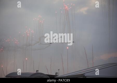 Brand in Farnborough International Airshow nach Pyrotechnik Samstag 21. Juli Stockfoto