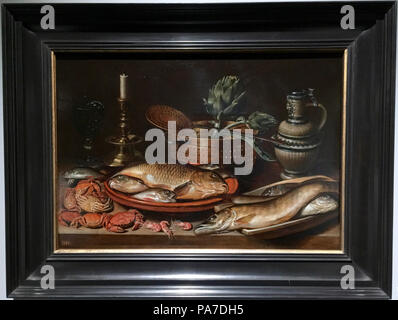 317 Clara Peeters - Stilleven met Vis, Kaars, artisjokken, Krabben en garnalen - Prado P1621 Stockfoto
