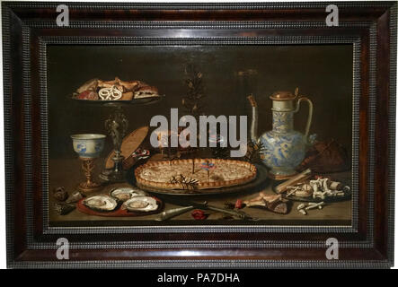 317 Clara Peeters - Stilleven met Taart, zilveren Tazza met snoepgoed, porselein, schelpen en oesters - privécollectie Rusland Stockfoto