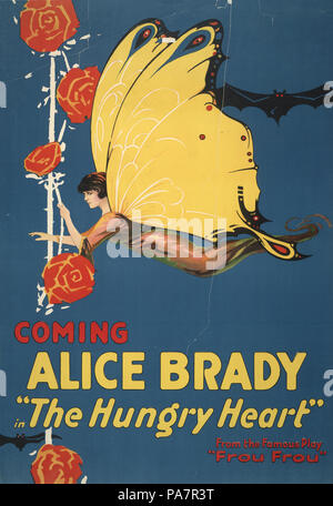 . Die hungrigen Herzen. Deutsch: Das hungrige Herz ist ein 1917 Amerikanische silent Film unter der Regie von Robert G. Vignola und Geschrieben von Charles Maigne nach dem gleichnamigen Roman von David Graham Phillips. 1 Drucken (Poster): Lithographie, Farbe; 101 x 70 cm. Zusammenfassung Motion picture Poster für "Hungrige Herzen" zeigt einen Schmetterling mit der Form einer Frau (Schauspielerin Alice Brady?) schwebt in der Nähe von Roses. Subject Headings Brady, Alice,--1892-1939-- Performances Schmetterlinge - -1910-1920 Rosen - -1910-1920. ca. 1917 115 Alice Brady, die hungrige Herz, 1917 Stockfoto
