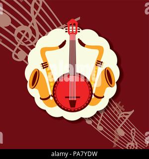 Jazz Festival Instrumente rote Noten Musik label Saxophone banjo Vector Illustration Stock Vektor