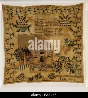 Bestickte Sampler. Kultur: American. Abmessungen: 16 3/8 x 16 5/8 in. (41,6 x 42,2 cm). Schöpfer: Susan Bushey. Datum: 1838. Museum: Metropolitan Museum of Art, New York, USA. Stockfoto