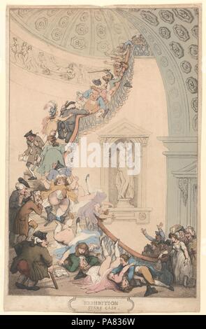 Die Ausstellung Tara"-Fall handelt. Artist: Thomas Rowlandson (Briten, London 1757-1827 London). Maße: Blatt: 18 3/4 x 13 1/16-in. (47,6 x 33,2 cm). Datum: 1811 (?). Die quirlige Designs Rowlandson's, diese Radierung gleichzeitig die Ausstellung Mocks - Going Public und die London Art Einrichtung. Besucher, die die jährlichen Frühling Ausstellung der Royal Academy Kampf eine steile Wendeltreppe im Somerset House auf der Faser zu verhandeln. Anfang 1780 sind diese Displays wurden im Großen Saal des Grand neoklassischen Gebäude Sir William Chambers gehalten, aber die Galerien zu erreichen, Stockfoto