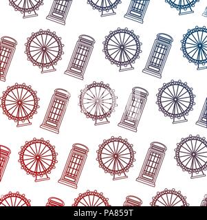 Englische Telefonzelle und Rad des London Eye pattern Vektor-illustration neon Stock Vektor