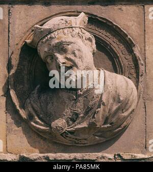 Exterieur - FACHADA DEL HOSTAL - las mejores DE TONDO CON PERSONAJE. Autor: Juan de Juni (C. 1507-1577). Lage: Das HOSTAL/CONVENTO DE SAN MARCOS, Leon, Spanien. Stockfoto