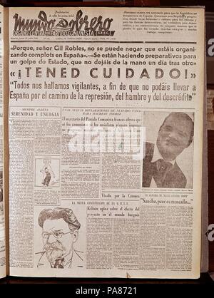 PERIODICO MUNDO OBRERO - 16 de Julio DE 1936. Lage: Biblioteca Municipal, MADRID. Stockfoto