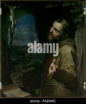 Saint Francis. Künstler: Federico Barocci (Italienisch, Urbino Ca. 1535-1612 Urbino). Abmessungen: 35 3/8 x 30 7/8 in. (89,9 x 78,4 cm); mit zusätzlichen Streifen 35 7/8 x 31 3/8 in. (91,1 x 79,7 cm). Datum: Ca. 1600-1604. Diese Leinwand ist gedacht als eine Meditation über den hl. Franz von Assisi (1181/82-1226), die in einer Grotte auf dem Berg La Verna, wo er die Stigmata erhalten (wie vorstehende Nägel, in Übereinstimmung mit den frühen Franziskanischen Quellen dargestellt) angezeigt wird. Eine Schlüsselfigur in der Geschichte des italienischen Malerei, Barocci war in der Nähe der Kapuziner, und das tief empfundene Arbeit muss für ein Bruder oder eine bestimmt wurden. Stockfoto
