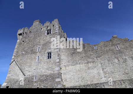 Ross Castle ist ein aus dem 15. Jahrhundert und das Tower House und am Rande des Lough Leane halten, im Nationalpark Killarney, County Kerry, Irland. Stockfoto