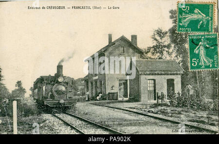 . Français: Carte postale Ancienne éditée par Debray-Bollez: Umgebung de Crèvecoeur-francastel - La Gare Il s'agit d'une Gare de la ligne de Chemin de Fer à Voie secondaire métrique Ligne Estrées-Saint-Denis - froissy - Crèvecoeur-le-Grand, avec une Lokomotive sur la Voie principale. Vor dem 16. Juni 1909 377 Debray-Bollez-UMGEBUNG DE CREVECOEUR - francastel - La Gare Stockfoto