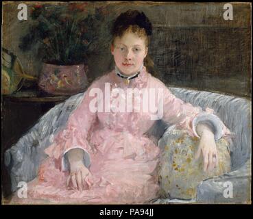 Das rosa Kleid (Albertie-Marguerite Carré, später Madame Ferdinand-Henri Himmes, 1854-1935). Künstler: Berthe Morisot (Französisch, Bourges 1841-1895 Paris). Abmessungen: 21 1/2 x 26 1/2 in. (54,6 x 67,3 cm). Datum: Ca. 1870. Die modischen Porträtist Jacques-Emile Blanche dieses Gemälde in der Villa Fodor, das Haus der Familie von Marguerite Carré, die Sitter, bezeugt: "Eines Tages, Sie [Künstler] vor meinen Augen ein charmantes Porträt von Mlle Marguerite in einem hellen Rosa Kleid aufgemalt; in der Tat, die gesamte Leinwand wurde Licht. Hier Berthe Morisot war komplett selbst, bereits die Beseitigung von der Natur sowohl Schatten Stockfoto